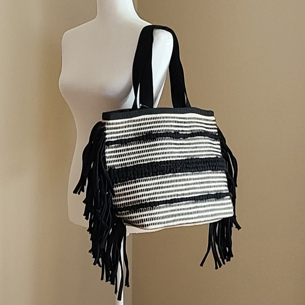New H&M Jacquard Weave Fringe Shopper Tote Bag Black White